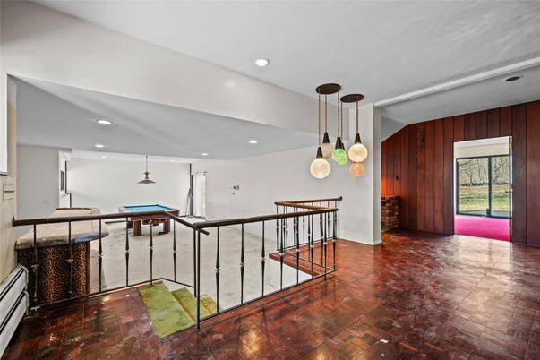 Billiard Table, Game Room, Interior, Pendant Lights, Recessed Lighting, Wood Texture Flooring