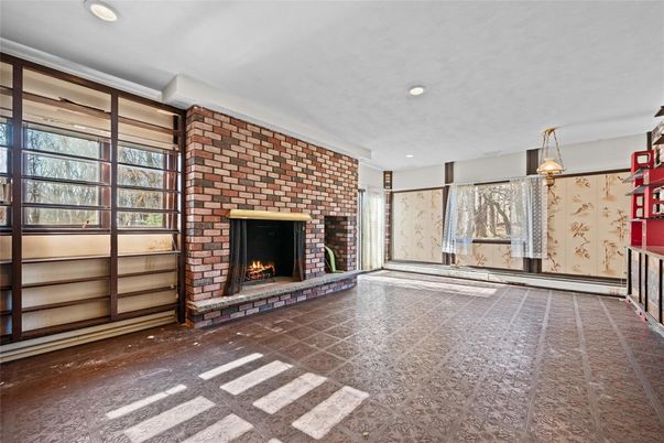 Empty room, Fireplace, Interior, Pendant Lights, Recessed Lighting, Stone Walls