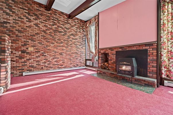 Empty room, Fireplace, Interior, Stone Walls, Wooden Beams