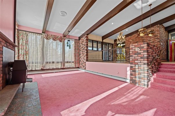 Chandelier, Empty room, Interior, Recessed Lighting, Stone Walls, Wooden Beams