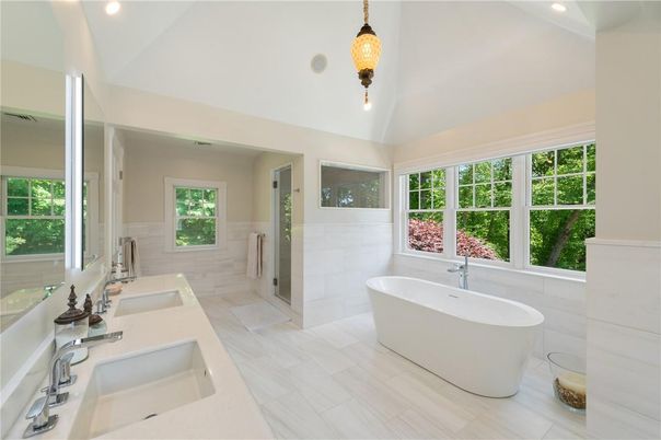 Bathroom, Dual Sink Vanities, Free Standing Baths, Interior, Recessed Lighting, Wood Texture Flooring
