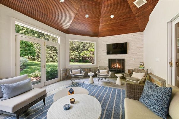 Fireplace, Interior, Living room, Recessed Lighting, Stone Walls, Wooden Ceilings