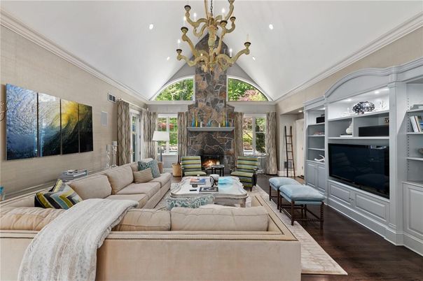 Chandelier, Fireplace, Interior, Living room, Recessed Lighting, Wood Texture Flooring