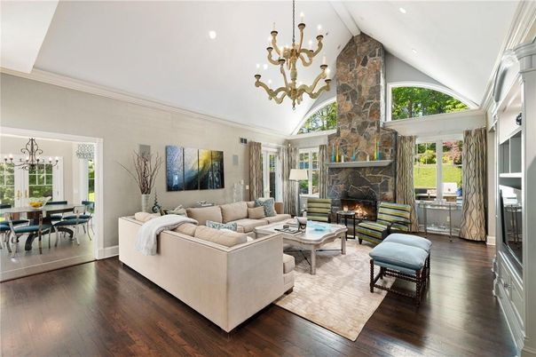 Chandelier, Dining room, Fireplace, Interior, Living room, Recessed Lighting, Wood Texture Flooring