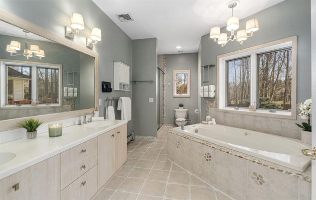 Bathroom, Chandelier, Dual Sink Vanities, Interior, Recessed Lighting