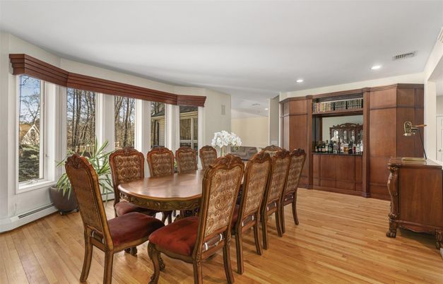 Dining room, Interior, Recessed Lighting, Wood Texture Flooring