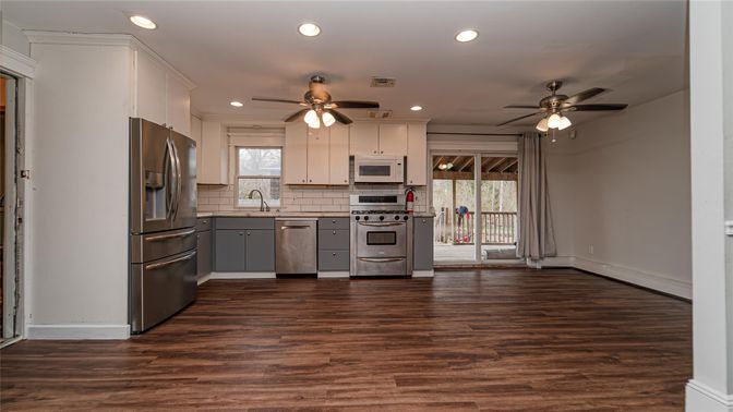 Interior, Kitchen, Recessed Lighting, Stainless Steel Appliances, Wood Texture Flooring