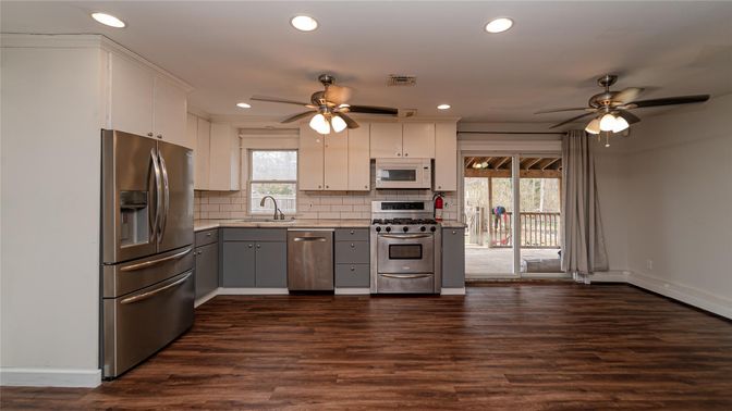 Interior, Kitchen, Recessed Lighting, Stainless Steel Appliances, Wood Texture Flooring