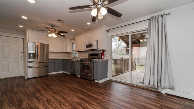 Interior, Kitchen, Recessed Lighting, Stainless Steel Appliances, Wood Texture Flooring