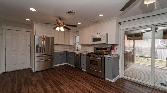 Interior, Kitchen, Recessed Lighting, Stainless Steel Appliances, Wood Texture Flooring