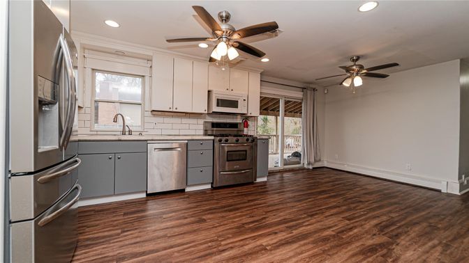 Interior, Kitchen, Recessed Lighting, Stainless Steel Appliances, Wood Texture Flooring