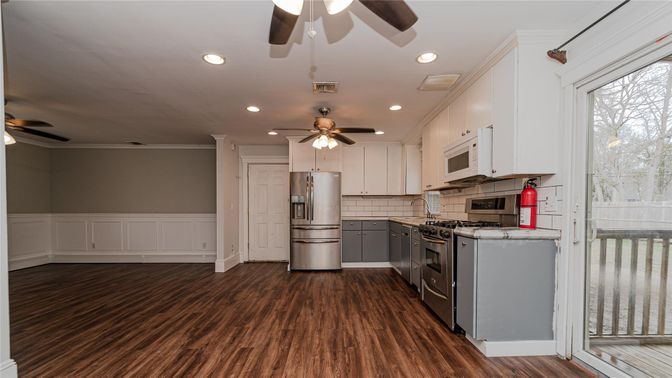 Interior, Kitchen, Recessed Lighting, Stainless Steel Appliances, Wood Texture Flooring