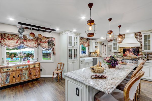 Fireplace, Interior, Kitchen, Pendant Lights, Recessed Lighting, Stainless Steel Appliances, Wood Texture Flooring
