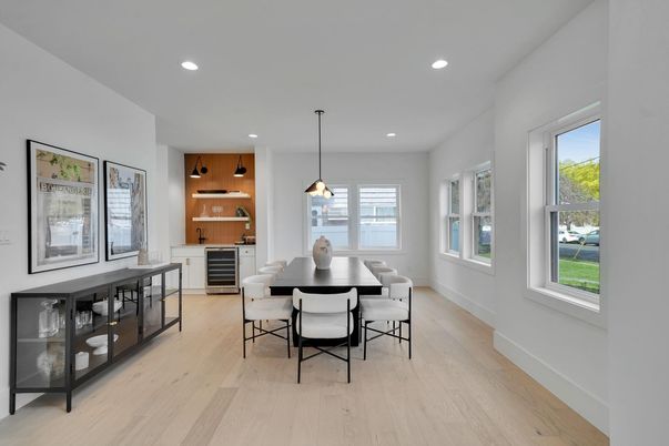 Dining room, Interior, Pendant Lights, Recessed Lighting, Wood Texture Flooring