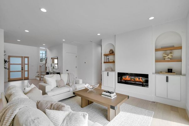 Fireplace, Interior, Living room, Recessed Lighting, Wood Texture Flooring