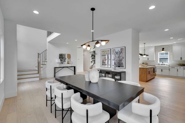 Dining room, Interior, Kitchen, Pendant Lights, Recessed Lighting, Wood Texture Flooring