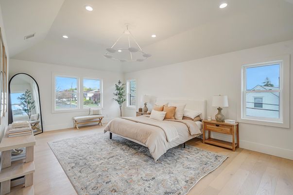 Bedroom, Interior, Pendant Lights, Recessed Lighting, Wood Texture Flooring