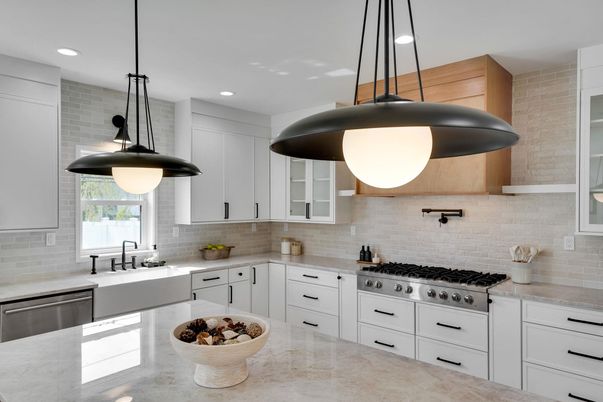 Interior, Kitchen, Pendant Lights, Recessed Lighting, Stainless Steel Appliances, Stone Walls