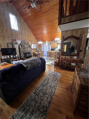 Dining room, Fireplace, Interior, Kitchen, Living room, Pendant Lights, Wooden Ceilings, Wood Texture Flooring, Wooden Walls