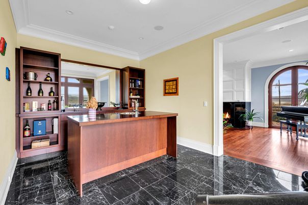 Fireplace, Home Office, Interior, Marble, Piano, Recessed Lighting, Wood Texture Flooring
