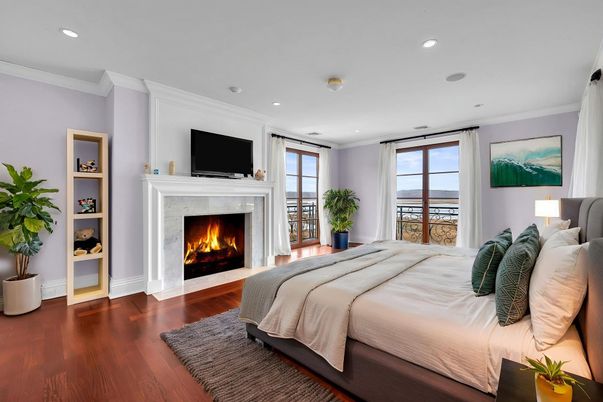 Bedroom, Fireplace, Interior, Recessed Lighting, Wood Texture Flooring