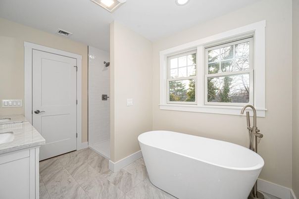 Bathroom, Free Standing Baths, Interior, Marble, Recessed Lighting