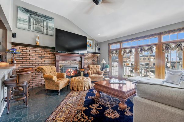 Fireplace, Interior, Living room, Recessed Lighting, Stone Walls