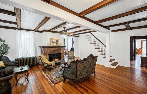 Fireplace, Interior, Living room, Wooden Beams, Wood Texture Flooring