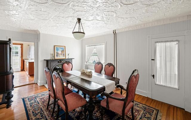 Dining room, Interior, Pendant Lights, Wood Texture Flooring