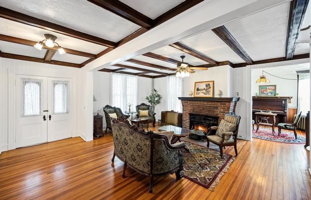 Fireplace, Interior, Living room, Piano, Wooden Beams, Wood Texture Flooring