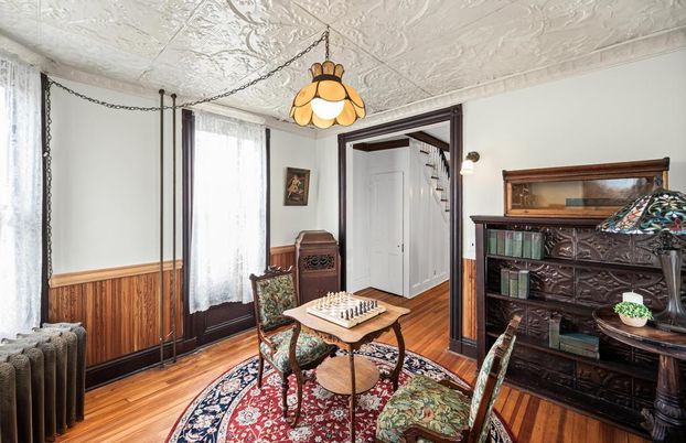 Dining room, Interior, Pendant Lights, Wood Texture Flooring