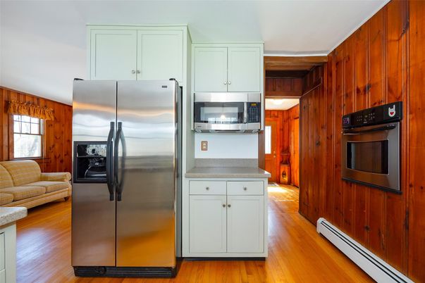 Interior, Kitchen, Stainless Steel Appliances, Wood Texture Flooring, Wooden Walls