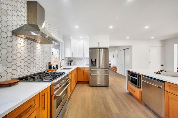 Interior, Kitchen, Recessed Lighting, Stainless Steel Appliances, Wood Texture Flooring