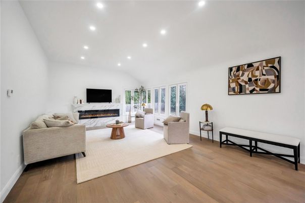 Fireplace, Interior, Living room, Recessed Lighting, Wood Texture Flooring