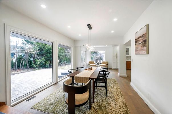 Dining room, Interior, Pendant Lights, Recessed Lighting, Wood Texture Flooring