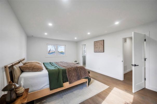 Bedroom, Interior, Recessed Lighting, Wood Texture Flooring
