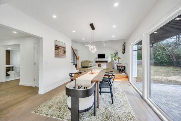 Dining room, Fireplace, Interior, Pendant Lights, Recessed Lighting, Wood Texture Flooring