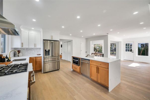 Interior, Kitchen, Recessed Lighting, Stainless Steel Appliances, Wood Texture Flooring