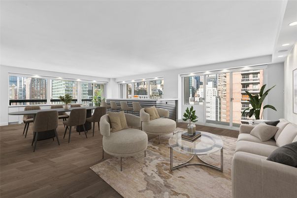 Dining room, Interior, Living room, Recessed Lighting, Wood Texture Flooring