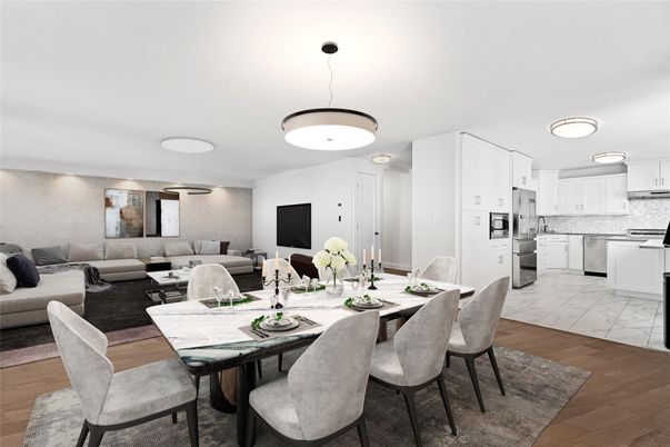 Dining room, Interior, Kitchen, Living room, Pendant Lights, Stainless Steel Appliances, Wood Texture Flooring
