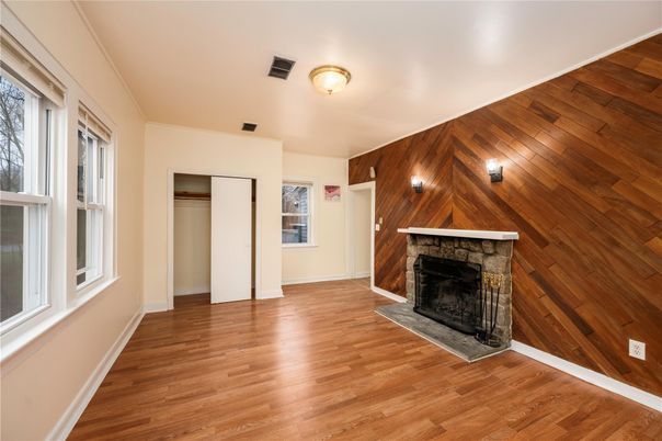 Empty room, Fireplace, Interior, Wood Texture Flooring, Wooden Walls