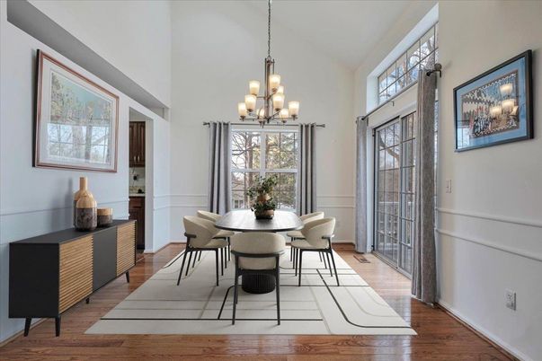 Chandelier, Dining room, Interior, Wood Texture Flooring