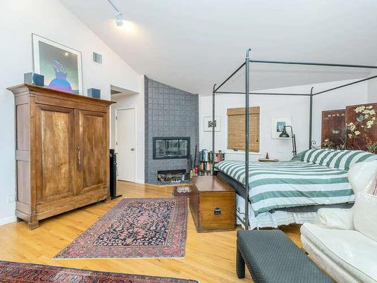 Bedroom, Fireplace, Interior, Wood Texture Flooring