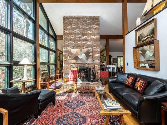 Fireplace, Interior, Living room, Stone Walls, Wooden Beams, Wood Texture Flooring