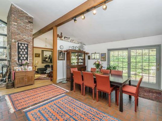 Dining room, Fireplace, Interior, Wooden Beams, Wood Texture Flooring