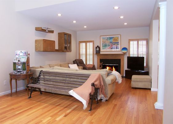 Fireplace, Interior, Living room, Recessed Lighting, Wood Texture Flooring