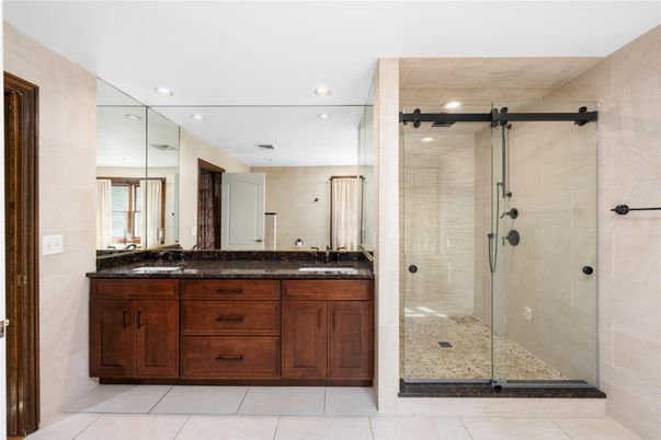 Bathroom, Dual Sink Vanities, Glass Shower, Interior, Recessed Lighting