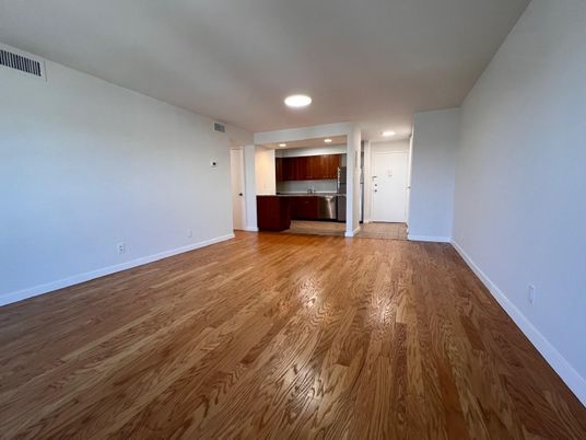 Empty room, Interior, Kitchen, Recessed Lighting, Wood Texture Flooring