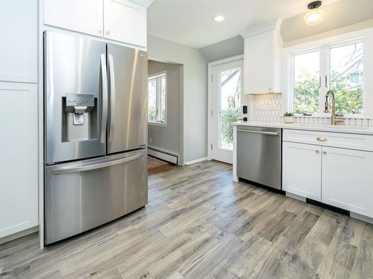 Interior, Kitchen, Recessed Lighting, Stainless Steel Appliances, Wood Texture Flooring
