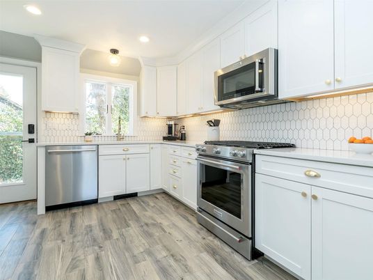 Interior, Kitchen, Recessed Lighting, Stainless Steel Appliances, Wood Texture Flooring